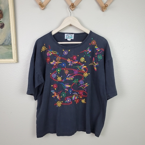 Vintage Tops - VINTAGE Embroidered bird floral cotton shirt L